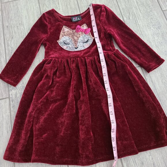 Lilt Girls Red Velour Long Sleeve Dress with Fox Sequin Detail Size 4 - Picture 7 of 10